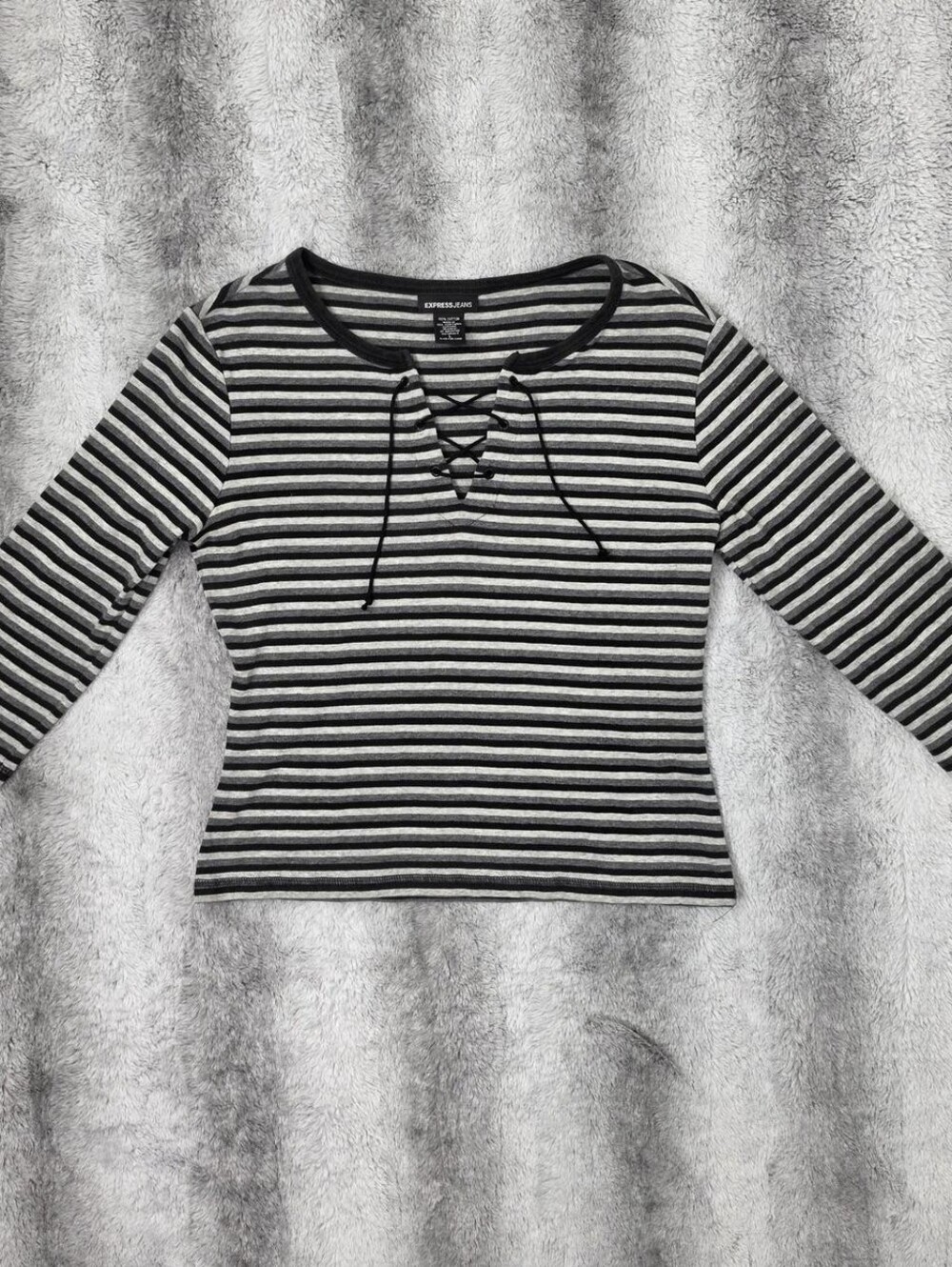 Express Jeans Grey Stripe Lace-Up Top | 3/4 Sleeve Fitted Knit | Y2K | Large